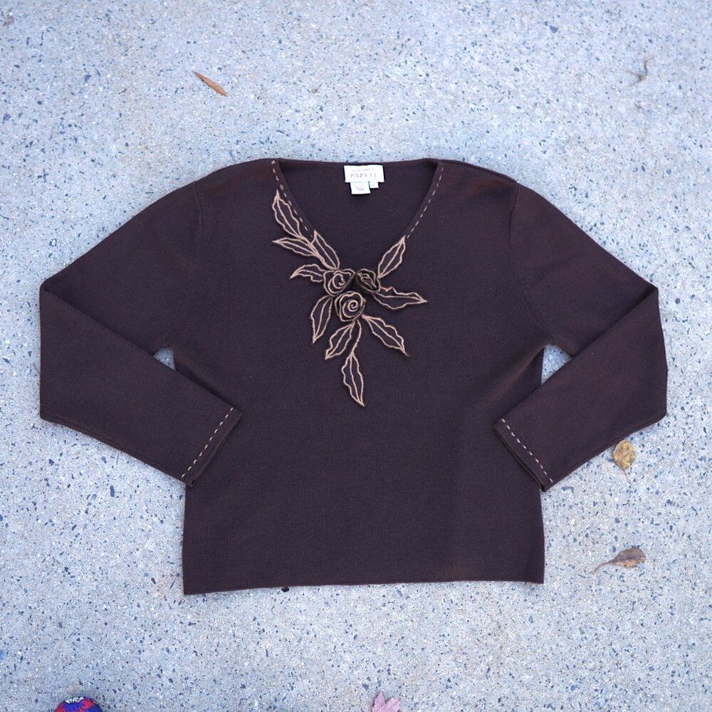 VTG Adrianna Papell Brown Embellished Wool Blend Sweater V-Neck XL Dark Academia